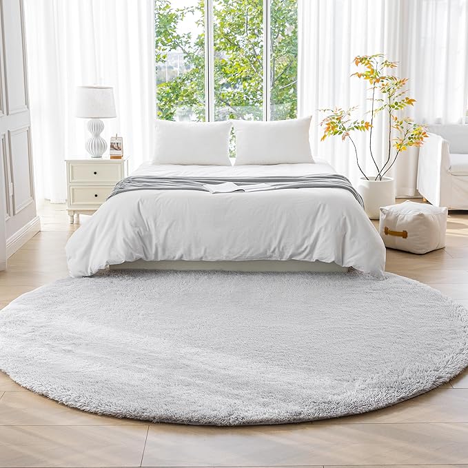 Amazon Basics Fluffy Washable Round Area Rug, Circle Shaggy Carpet for Living Room, Bedroom, Nursery, 8'R, Gray