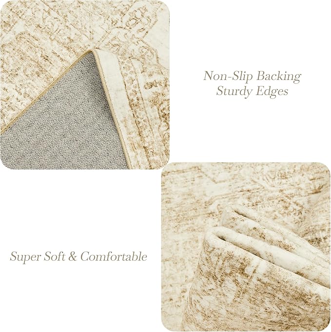 Washable Area Rug 8x10, Large Soft Rugs for Living Room Vintage Beige 8x10 Area Rugs for Bedroom Dining Room Floral Non-Slip Thin Rug