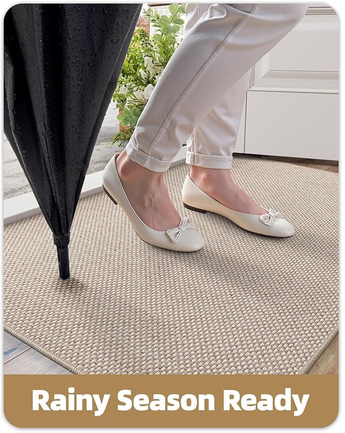 Color&Geometry Ultra-Thin Indoor Door Mat, 32"x48" Low-Profile Non-Slip Entryway Rug with Modern Geometric Texture, Washable Doormat for Indoor Entrance, Front Door, Khaki (Rolled-up NO Creases)