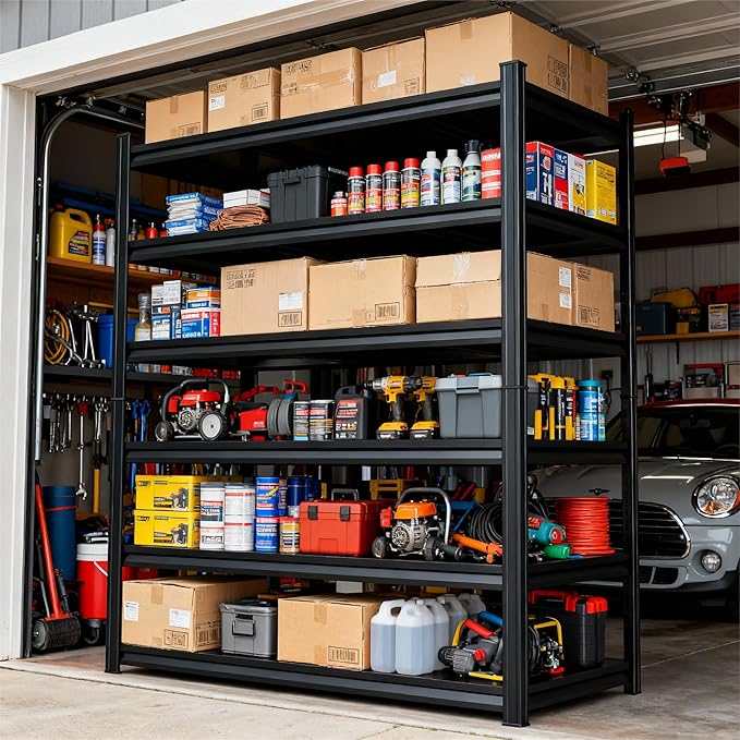 Storage Shelves, Garage Metal Shelving Unit, Adjustable, Double-Layer Column with Reinforced Ribs, Heavy-Duty, Capable of Bearing 600-3600 lbs (Black, 82 * 45 * 18, 6-Tier)