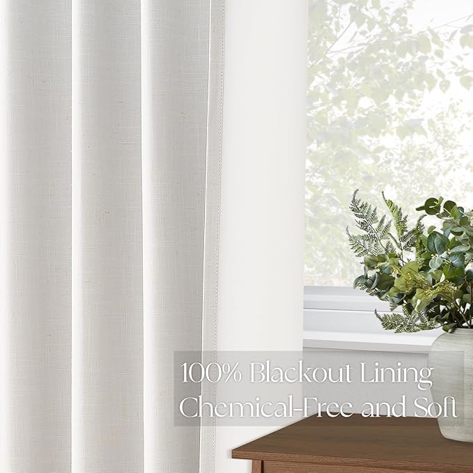 Topfinel 105 Inches Long Custom Black Out Faux Thick Linen Drapery Panels, Pinch Pleated Heat Reflective Cream Curtains with Pin Hooks, Luxury Lined Back Tab Drapes 2 Panels for Living Room
