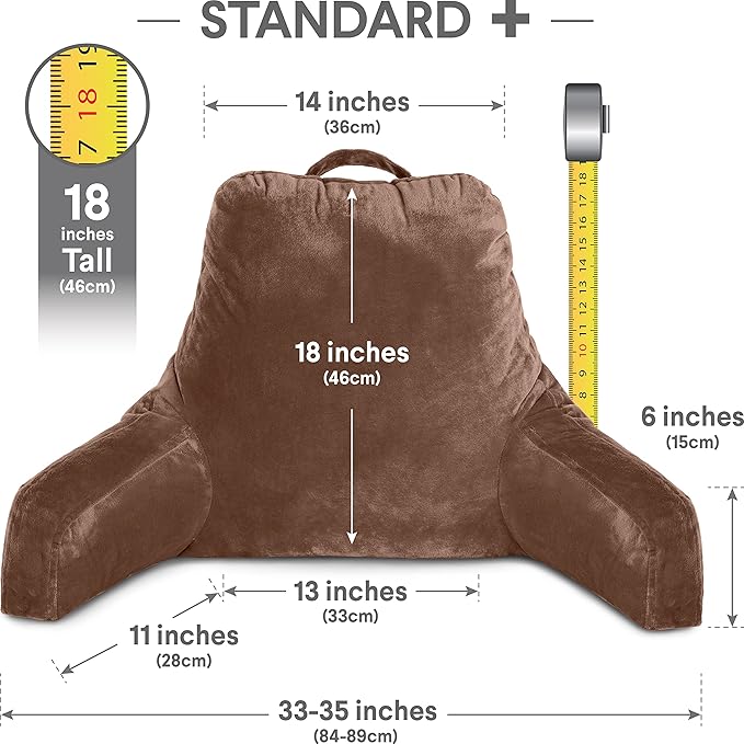 Husband Pillow Chocolate, Original Reading Pillow in Bed Rest Chair, Shredded Memory Foam Large Lounge Cushion Adult Backrest with Arms, Comfy Back Support for Sit Sitting Up, Wash/Removable Cover