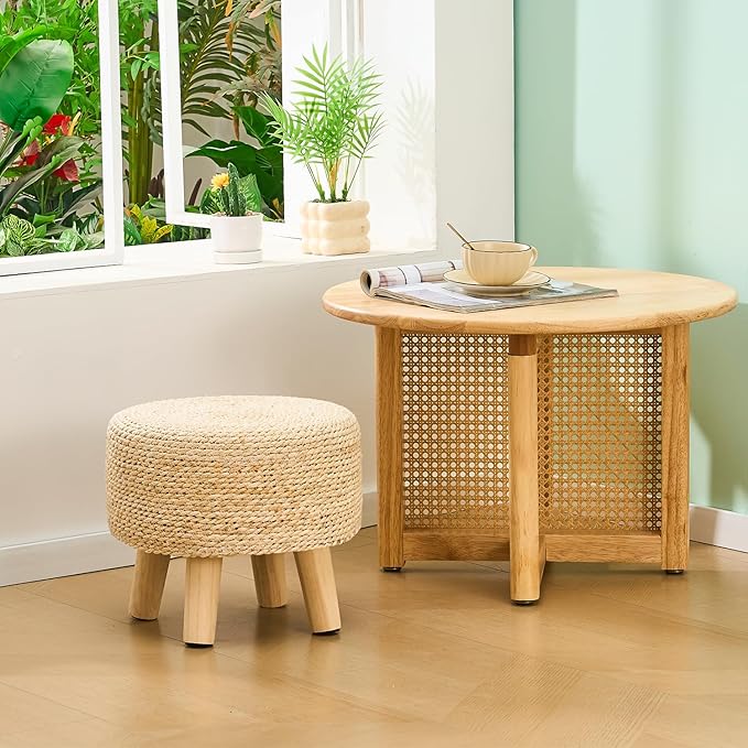 Wimarsbon Round Foot Stool Natural Seagrass Poufs Ottoman Hand Weave Footrest Stool for Couch Desk Extra Seat Step Stool with Solid Wood Legs for Hallway Patio Lounge Natural