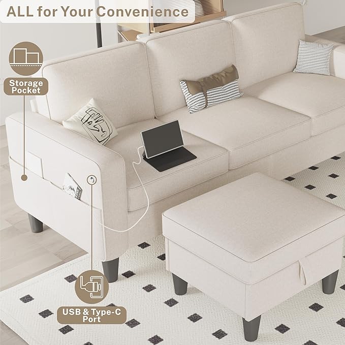 ZeeFu Sectional and Sofa Couches for Living Room - 78'' 3 Seater L-Shaped Modular Couch with Storage Ottoman - Modern Velevt Fabric Upholstered Sofa Set for Small Space Apartment Office
