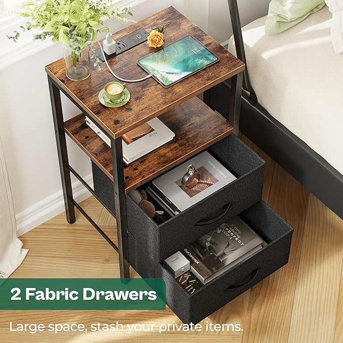 Huuger Nightstands Set of 2, End Tables with Charging Station, Side Tables with Fabric Drawers, Bedside Tables with USB Ports and Outlets, Night Stands for Bedroom, Rustic Brown and Black