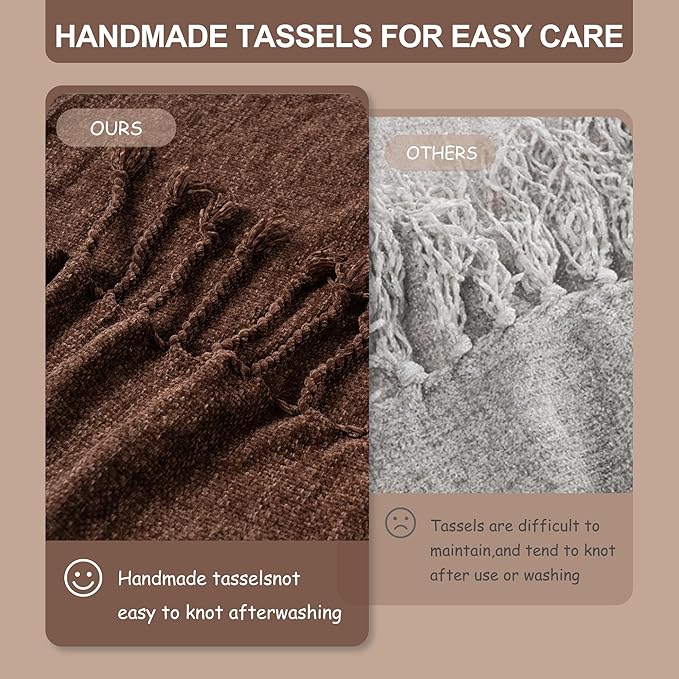 BATTILO HOME Brown Throw Blanket for Couch, Bed, Sofa - Soft Cozy Chenille Throw with Fringe Tassels, Lightweight Chocolate Brown Knitted Throw for Home Decor, 50"x60"