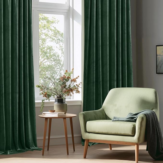 StangH Christmas Dark Green Velvet Curtains - Rod Pocket Short Kitchen Window Curtains 63-inch Length Room Darkening Green Blackout Drapes for Bedroom, W52 x L63, 2 Panels