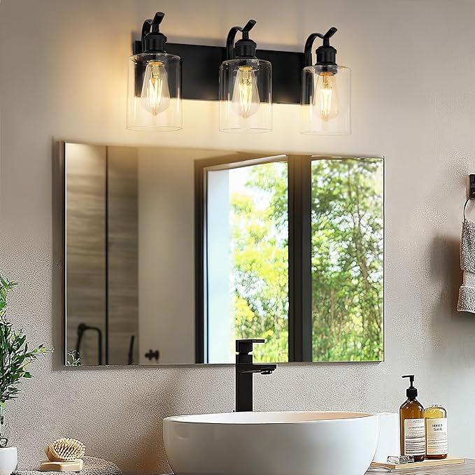 3-Light Black Bathroom Light Fixture Over Mirror, Modern Vanity Light, Clear Glass Wall Sconce, VL01BK-3