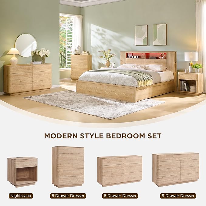 ACCOHOHO Modern 9 Drawer Dresser for Bedroom, 52" Wide Wooden Dressers with Large Storage,Handleless Chest of Drawers TV Stand for Living Room & Hallway, Curved Profile Design,Natural Oak