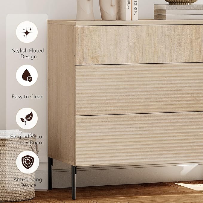 WAMPAT 63" W Fluted Dresser for Bedroom, Modern 6 Drawer Dresser TV Stand with Hidden Handles, Wooden Chest of Drawers Closet Clothes Storage Organizer for Bedroom, Living Room, Beige