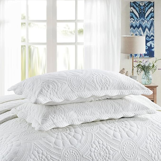 MarCielo 3-Piece 100% Cotton Oversized Bedspread Lightweight Quilt Coverlet Embroidery Farmhouse Bedding (Tf Bright White, Oversized King (118"x106"))