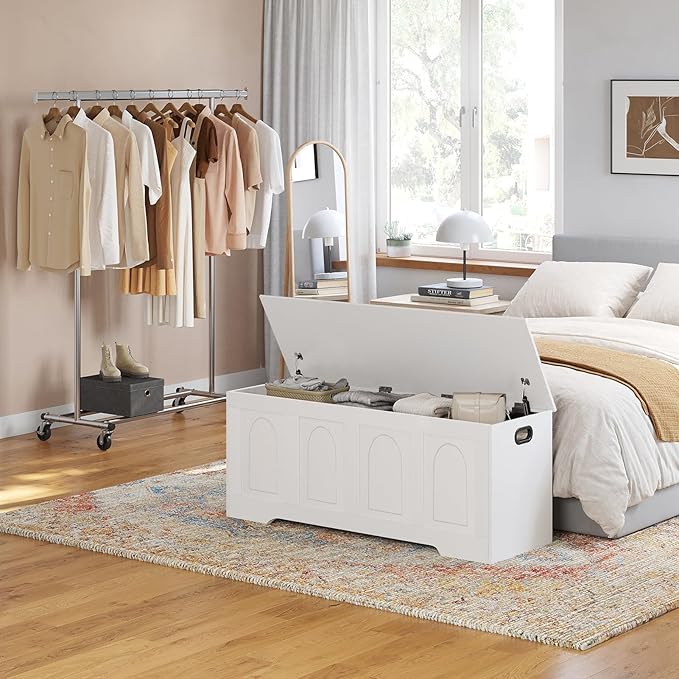 DINZI LVJ Storage Chest, 47.2" Rattan-Like Toy Box with 2 Safety Hinges, Wooden Entryway Storage Bench with Flip-Top, Large Trunk for Living Room, Bedroom, Easy Assembly, White