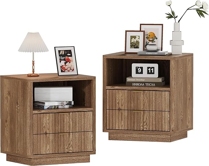Fluted Nightstands Set of 2 - Walnut Nightstand with 2 Drawers & Open Shelves, 22" Wide Large Bedside Stand Modern Storage Wooden Side Tables for Bedroom (Natural Oak)