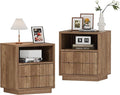 Fluted Nightstands Set of 2 - Walnut Nightstand with 2 Drawers & Open Shelves, 22" Wide Large Bedside Stand Modern Storage Wooden Side Tables for Bedroom (Natural Oak)