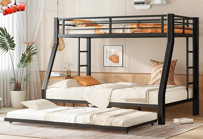 Upgraded Version Thicken Stronger Metal Heavy-Duty Twin Over Full Bunk Bed with Twin Size Trundle, Bunk Bed for Adults with Ladders, Easy Assemble (Twin/Full)