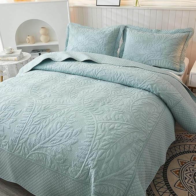 MarCielo 100% Cotton Quilt Set - 3-Piece Embroidered Farmhouse Bedspread & Shams, All-Season Breathable Bedding(Aruba Blue,King)