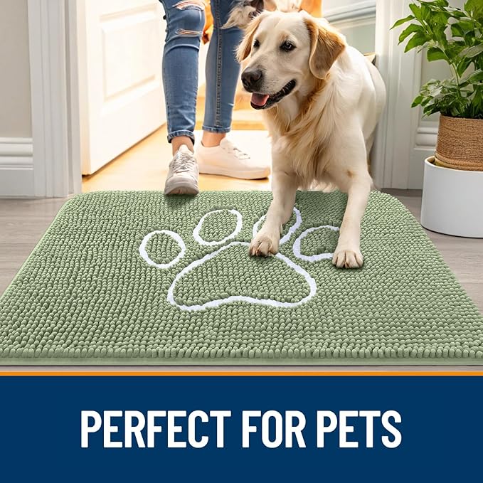 OLANLY Dog Door Mat for Muddy Paws 48x30, Paw Print Design, Absorbs Moisture and Dirt, Non-Slip Washable Doormat, Quick Dry Chenille Mud Mat for Dogs, Entry Indoor Entryway Carpet, Sage Green