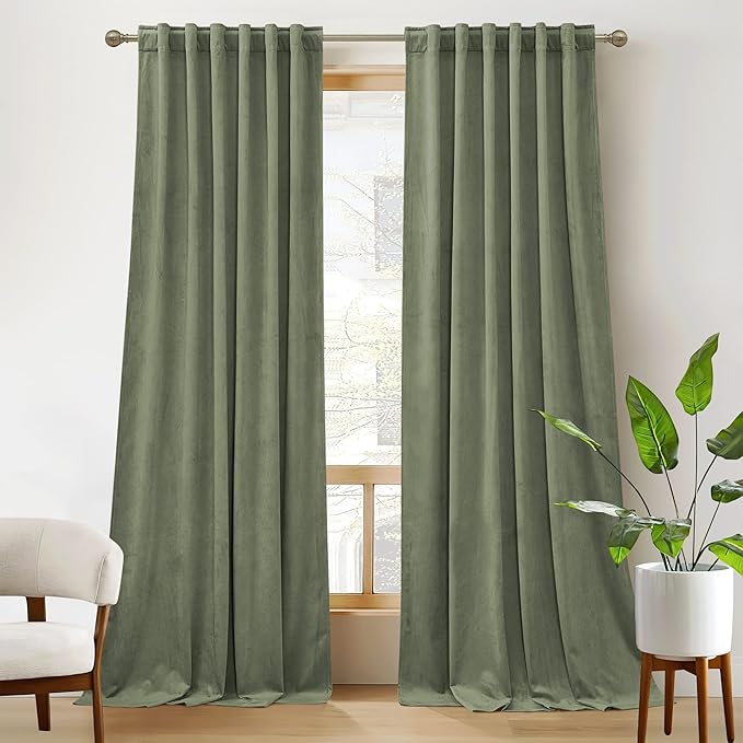 RYB Home Sage Velvet Curtains 84 inches - Thermal Insulated Noise Reducing Panel Soft Vertical Sense Window Decor for Cottage Farmhouse, Width 42 x Length 84 inch, Sage Green, 2 Panels
