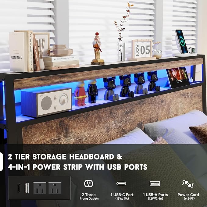 Full Size Bed Frame with 4 Storage Drawers and Headboard with Charging Station and LED Lights,2 Tier Solid Wood Headboard Storage,Noise Free, No Box Spring Needed/Remote/Vintage Brown
