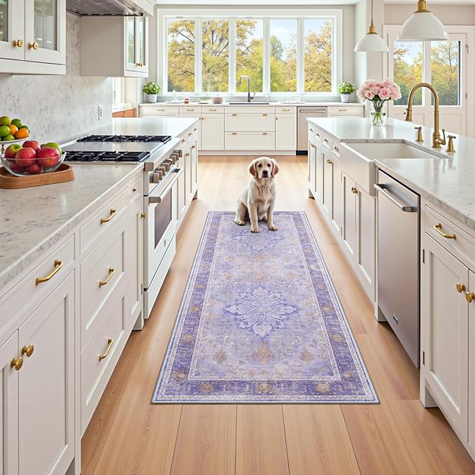 Area Rugs 2'x6' Washable Non-Slip, Floral Vintage Distress Print Pattern Medallion Carpet for Living Room Bedroom Dining Room, Light Purple Brown