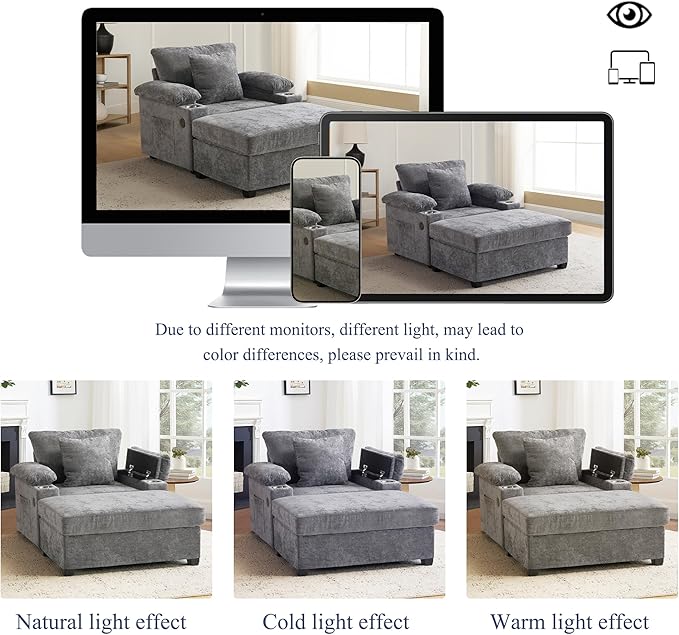 SUNWAVE 58" Chaise Lounge Chair with Ottoman, Chenille Fabric Sofa Bed, Accent Chair with Cupholders & USB Charging Ports for Living Room, Bedroom, Apartment (1 Chaise Misty Gray)