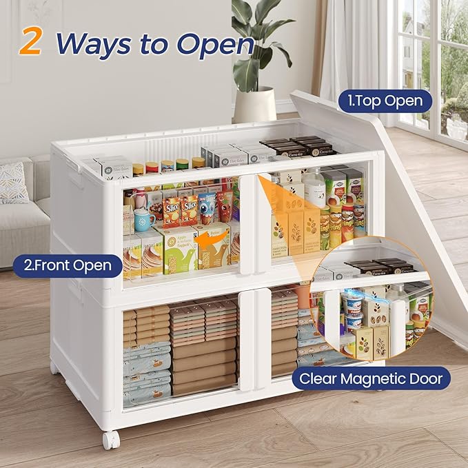 150GAL Large Stackable Storage Bins with Lid and Wheels, 600Qt Collapsible Organizer Cabinet with Clear Door, for Closet, Bedroom, Kitchen, Garage, 5-Pack White