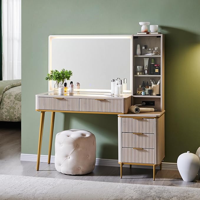 T4TREAM Fluted Makeup Vanity Desk with 36" HD Lighted Mirror, 48" Big Modern Vanity Desk with Mirror and Lights, Dressing Table with 5 Drawers & Shelves, Glass Top for Bedroom (Alder White)