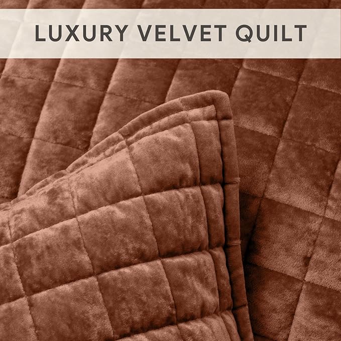 RECYCO Luxury Velvet Quilt Set King Size Bedding Sets, Ultra Soft Velvet Comforter Set, Lightweight Channel Box Stitch Oversized Bedspread Coverlet for All Season, with 2 Shams, Terracotta Fawn