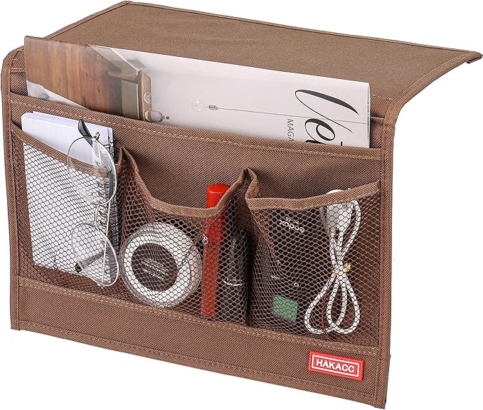 HAKACC Bedside Storage Organizer, Remote Control Holder, Bed Pockets Bedside Caddy Storage for Table Cabinet Phone Glasses, Brown