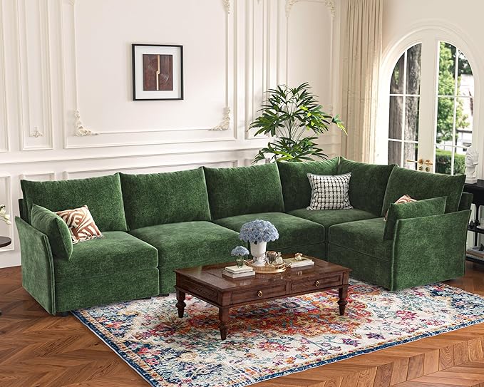 ABCASA 135.5" Oversized Modular Sectional Sofa, L Shaped Convertible Couch with Movable Ottoman, 5 Seat Corner Couches for Living Room Deep Seat Green Chenille