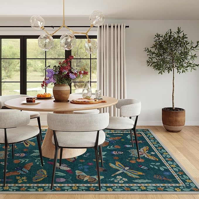 Lahome Insect Print Washable Rugs for Living Room, Soft Area Rug 6x9 Rug for Bedroom Ultra-Thin Non Slip Dining Room Rug, Stain Resistant Modern Rug Large Carpet for Office Nursery(6'x9',Dark Green)