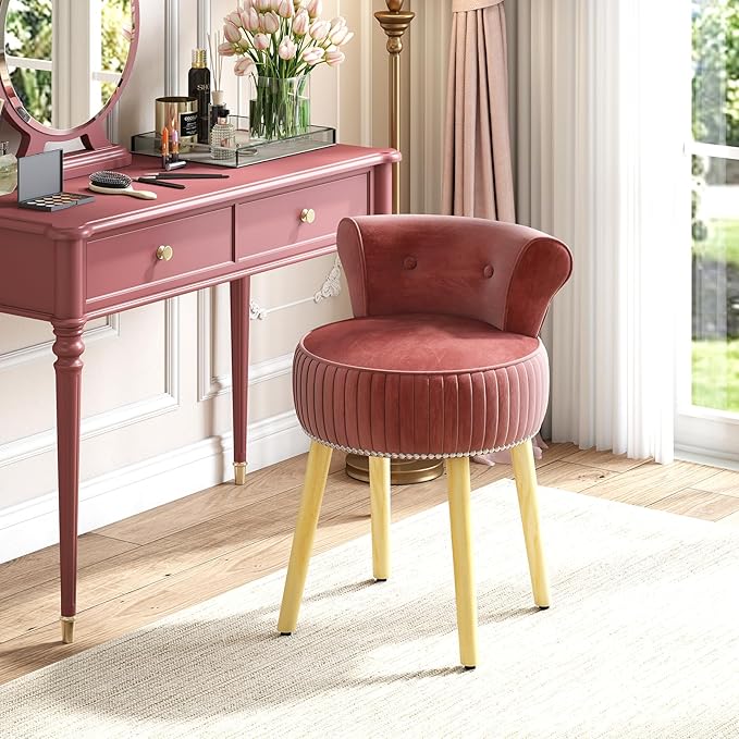 CHARMAID Velvet Vanity Chair for Bedroom, Elegant Accent Chair with Tufted Low Back, Solid Wood Legs, Upholstered Seat, Modern Makeup Stool for Dressing Room, Home Office (Burgundy & Natural)