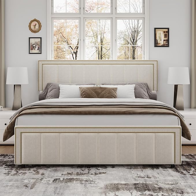 BarnFurin King Size Size Bed Frame with 50" Tall Headboard and Footboard, Chenille Upholstered Platform Bed, Vertical Channel Tufting with Nailhead Trim, No Box Spring Needed, Easy Assembly, Beige