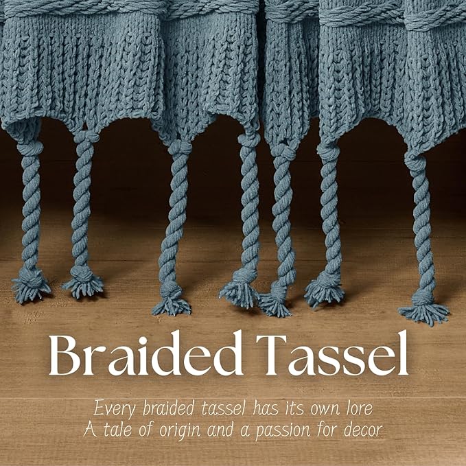 Boho Knitted Chenille Blanket with Tassels - Lightweight & Soft All-Season Throw - 3D Classic Pattern for Living Room Bedroom Couch, Celestial Blue, Queen 90"x90"