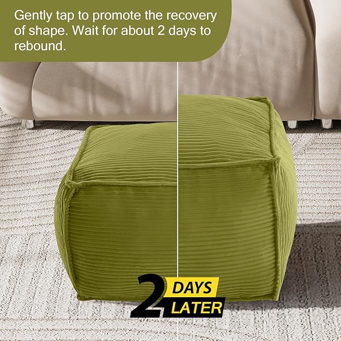 MeMoreCool Stuffed Pouf Ottoman Foot Rest Square, Corduroy Floor Pouf Foot Stool with Foam Chunk Filling, Soft Stuffed Ottoman Footrest for Living Room, Green