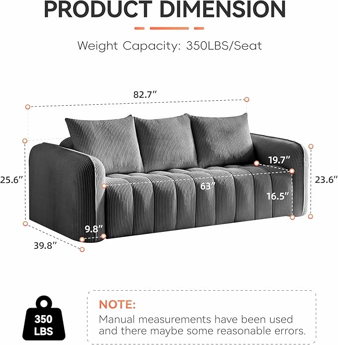 83'' Boneless Corduroy Sofa, Oversized 3 Seater Deep Seat Couch with Rounded Armrest, Modern Upholstered Cloud Sofa for Living Room, No Assembly, Grey
