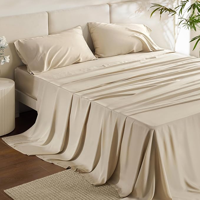 Bedsure Full Size Bed Sheets, Cooling Sheets, Rayon Derived from Bamboo, Breathable & Soft, Deep Pocket Up to 16 Inches, Hotel Luxury Silky Bedding for Hot Sleepers, Beige