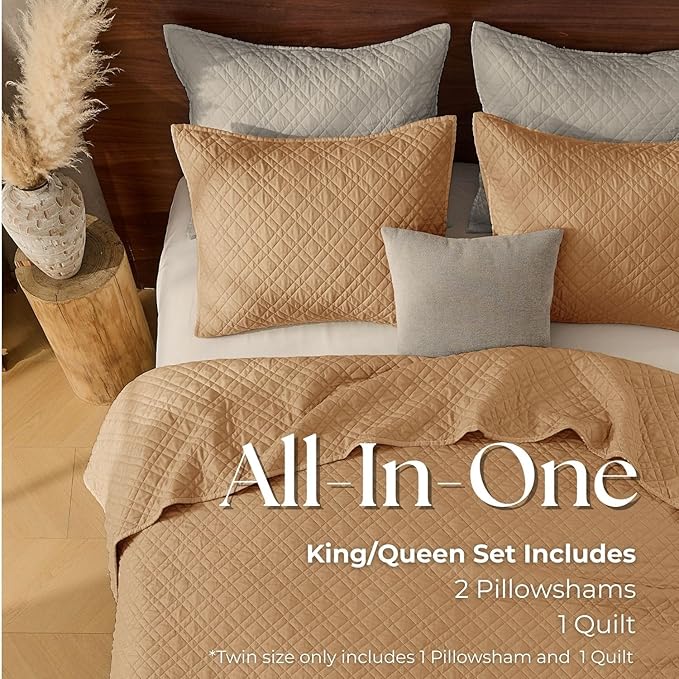 King Quilt Set with Shams Lightweight Quilted Bedspread Coverlet Thin Comforter Bed Cover Vintage Washed Quilted Blanket for All Season, Brushed Microfiber Diamond Stitching, Brown, 104"x92"