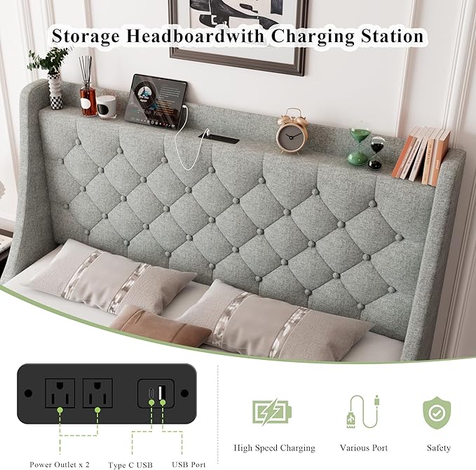 Feonase Queen Size Bed Frame with 4 Storage Drawers, Upholstered Storage Bed with Charging Station, Tufted Wingback Headboard, No Box Spring Needed, Light Grey, FEO737
