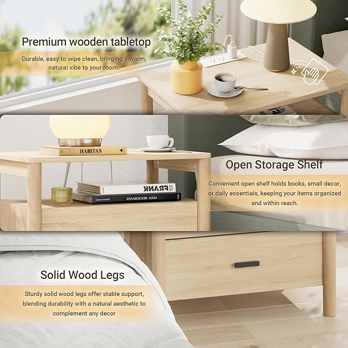 FavourLife Night Stand, 23" Wide Nightstand, Modern Large Nightstand with Charging Station, 2 Drawer Wooden End Table with Solid Round Post Legs & Open Shelf, Bedside Table for Bedroom, Natural Oak