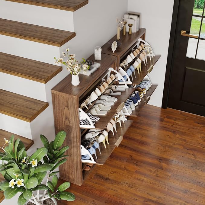 Fluted Shoe Cabinet Storage with 2 Flip Drawers, Narrow Shoe Storage Organizer for Entryway, Hidden Slim Wooden Shoe Rack Cabinet for Front Door Entrance, Hallway, Living Room (2-Drawer, Walnut)