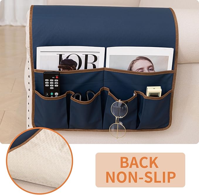 HAOMAIJIA Anti Slip Sofa Armrest Organizer Arm Chair Bedside Caddy Storage Organizer For Recliner Couch With 6 Pockets For Cell Phone Tv Remote Control (Navy Blue, 31.89 inches × 18.5 inches)