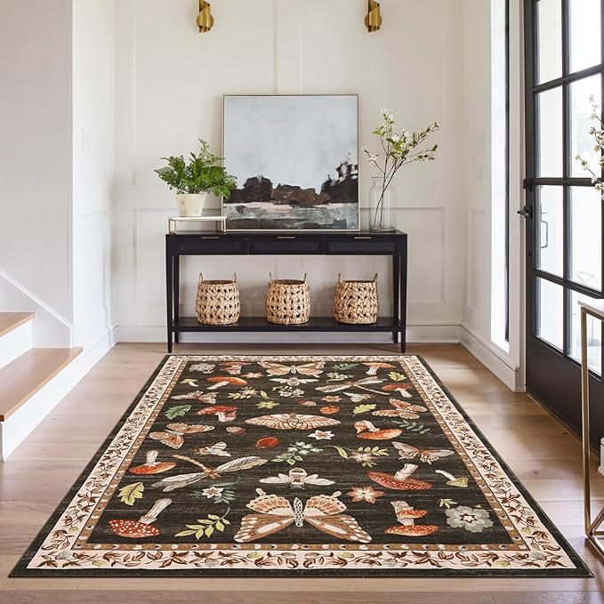 Mushroom Washable Rug 5x7 Area Rugs for Living Room, Insect Print Rug for Bedroom, Non Slip Throw Carpet with Rubber Back, Soft Low Pile Dining Room, Brown