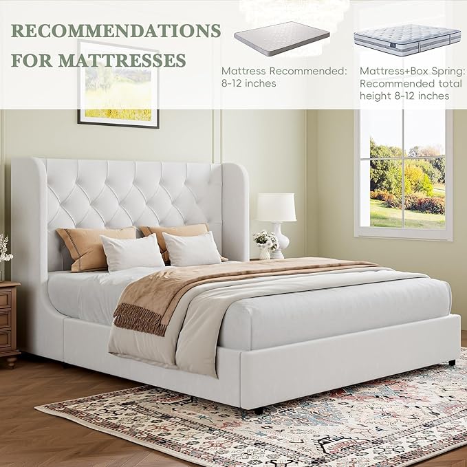 HOMBCK White King Bed Frame, Velvet Upholstered Platform Bed Frame with Headboard, Curved Wingback Design, Wooden Slats, No Box Spring, Noise Free, Easy Assembly