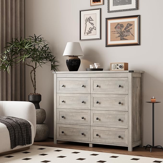 Dresser for Bedroom with 8 Drawers, Farmhouse Wood Chest of Drawers, Wide TV Stand Closet Storage Furniture with Metal Handle, Modern Clothes Organizer for Hallway, Living Room, Entryway, Light Grey