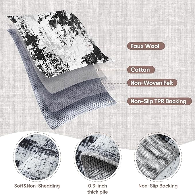 3x8 Hallway Washable Runner Rug: Extra Long Kitchen Runner Non Slip Abstract Rugs Printed Faux Wool Low Pile Soft Indoor Floor Carpet for Bedroon Dining Living Room Bathroom Black White 3x8