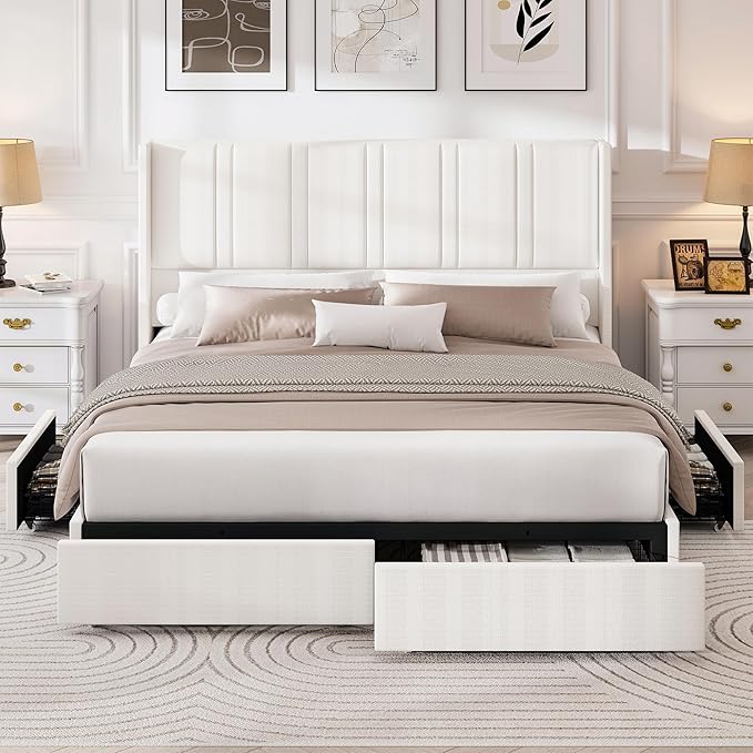 LARMACE Queen Size Bed Frame with 4 Storage Drawers and Wingback Headboard Linen Upholstered Platform Bed Frame with Wooden Slats, Easy Assembly, White