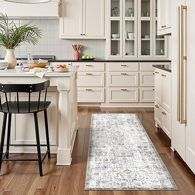 jinchan Kalen Runner Rug 2x5 Washable Hallway Rug Vintage Indoor Thin Retro Floor Cover Distressed Floral Country Lightweight Non Slip Carpet for Entryway Bathroom Kitchen Bedroom Living Room Blue