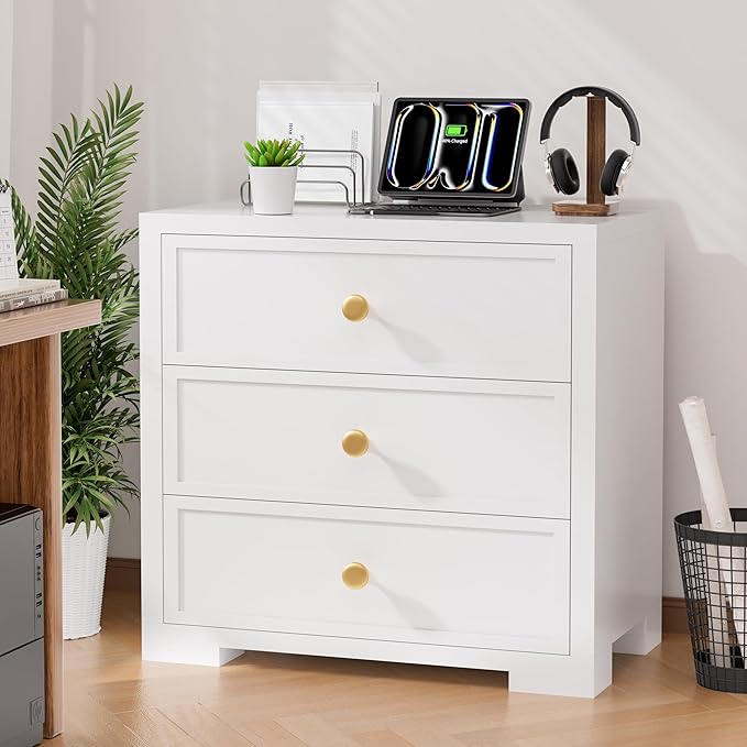 COWMOU Nightstand with Drawers 3 Drawer Night Stand with Charging Station Farmhouse Style Large Bed Side Table Wooden Dresser for Bedroom Living Room (1, White)