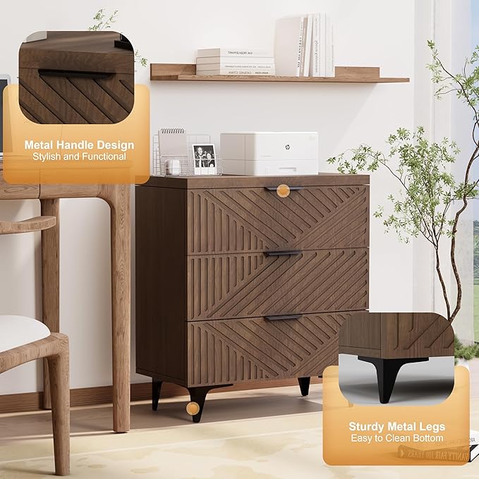 Royal Windsor Fluted Nightstand with 3 Drawers, Side End Table, Accent Storage Cabinet,Modern Night Stand Bedside Table for Bedroom,Brown